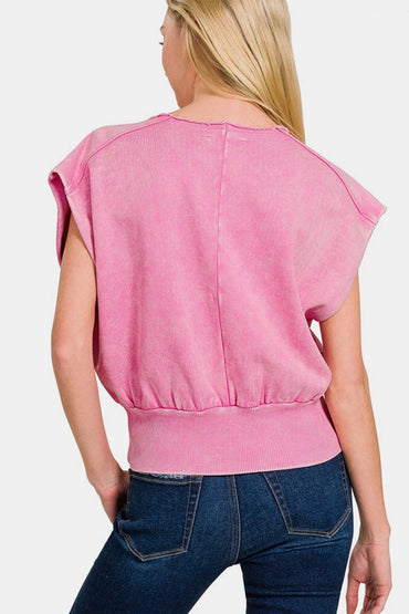 Zenana Washed Boat Neck Bottom Banded Dolman Sleeve Top - Love Salve 
