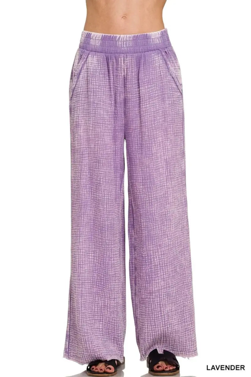 Zenana Washed Double Gauze Elastic Band Waist Pants for Women - Love Salve 