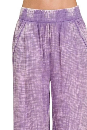 Zenana Washed Double Gauze Elastic Band Waist Pants for Women - Love Salve 