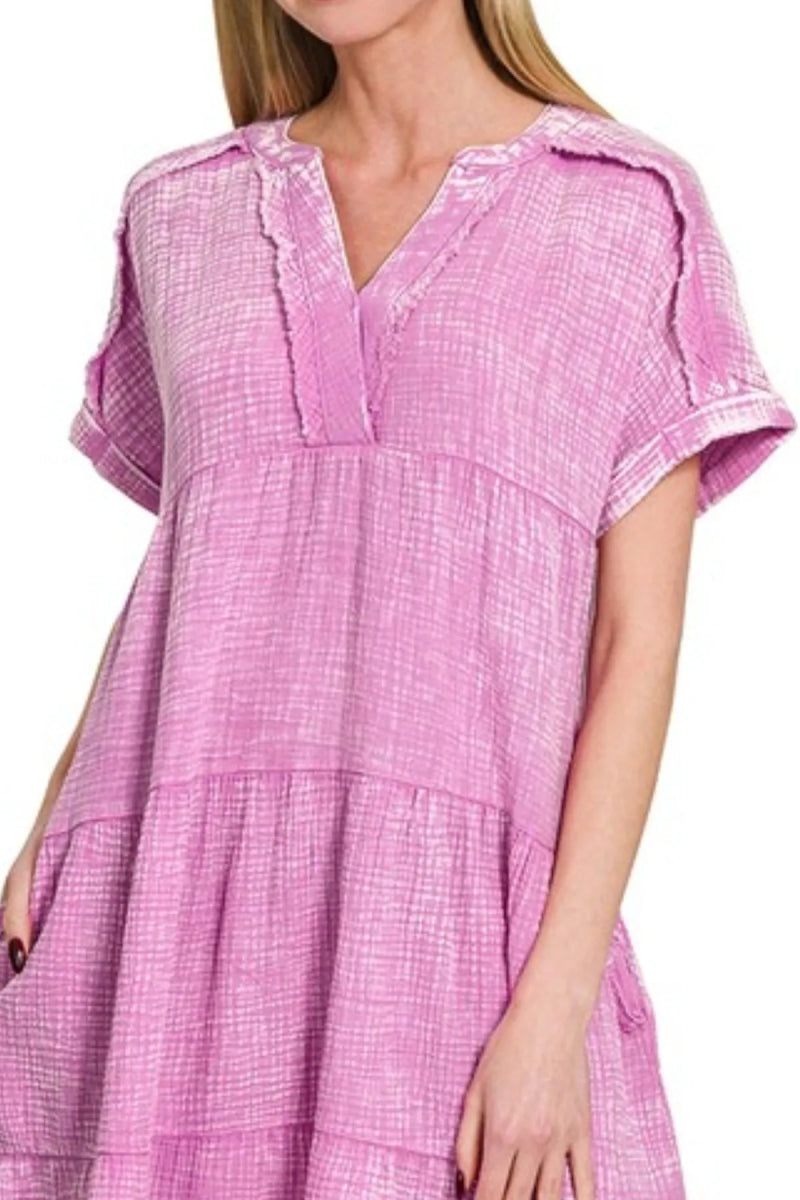 Zenana Washed Double Gauze Raw Edge V-neck Dress for Women - Love Salve 