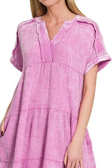 Zenana Washed Double Gauze Raw Edge V - neck Dress for Women - Love Salve