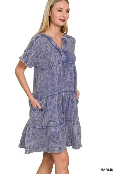 Zenana Washed Double Gauze Raw Edge V - neck Dress for Women - Love Salve