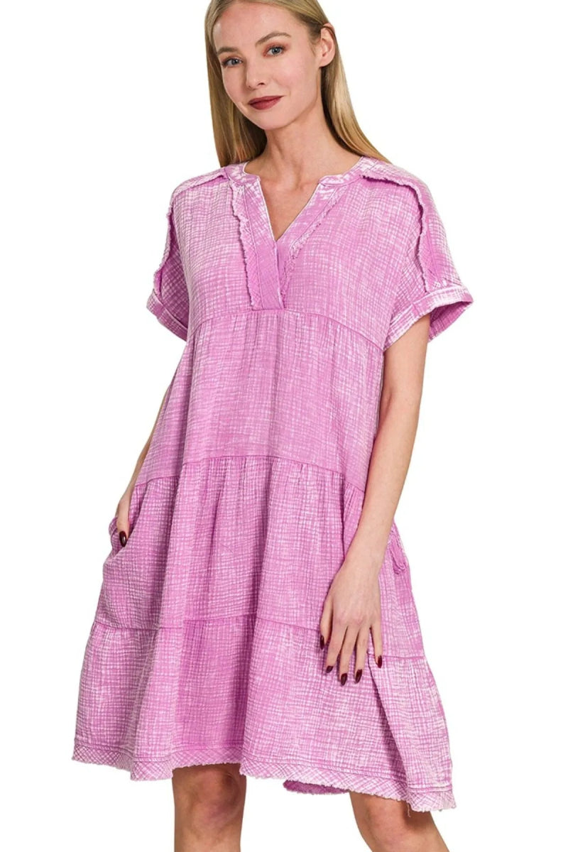 Zenana Washed Double Gauze Raw Edge V - neck Dress for Women - Love Salve