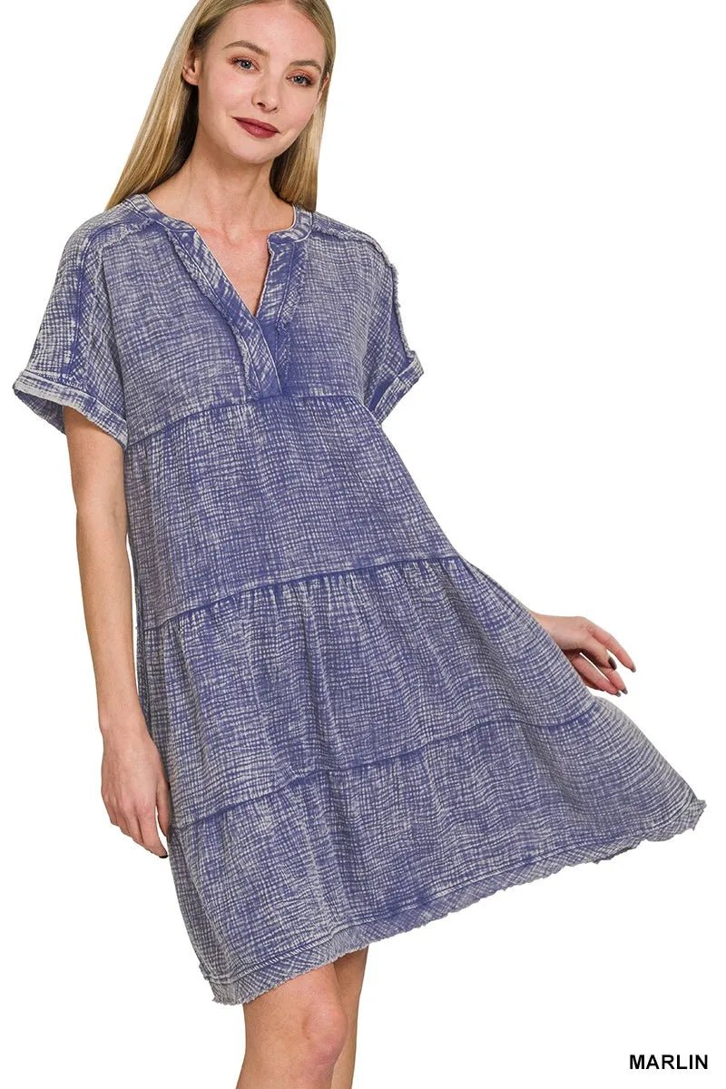 Zenana Washed Double Gauze Raw Edge V - neck Dress for Women - Love Salve