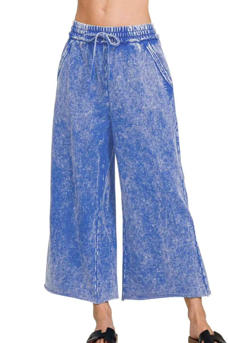 Zenana Washed French Terry Palazzo With Pockets for Women - Love Salve 