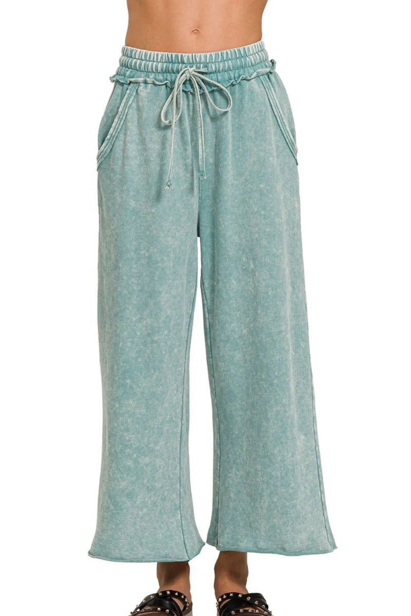 Zenana Washed French Terry Palazzo With Pockets For Women - Love Salve 