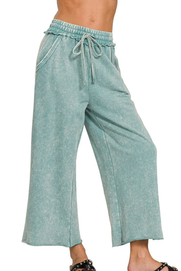 Zenana Washed French Terry Palazzo With Pockets For Women - Love Salve 