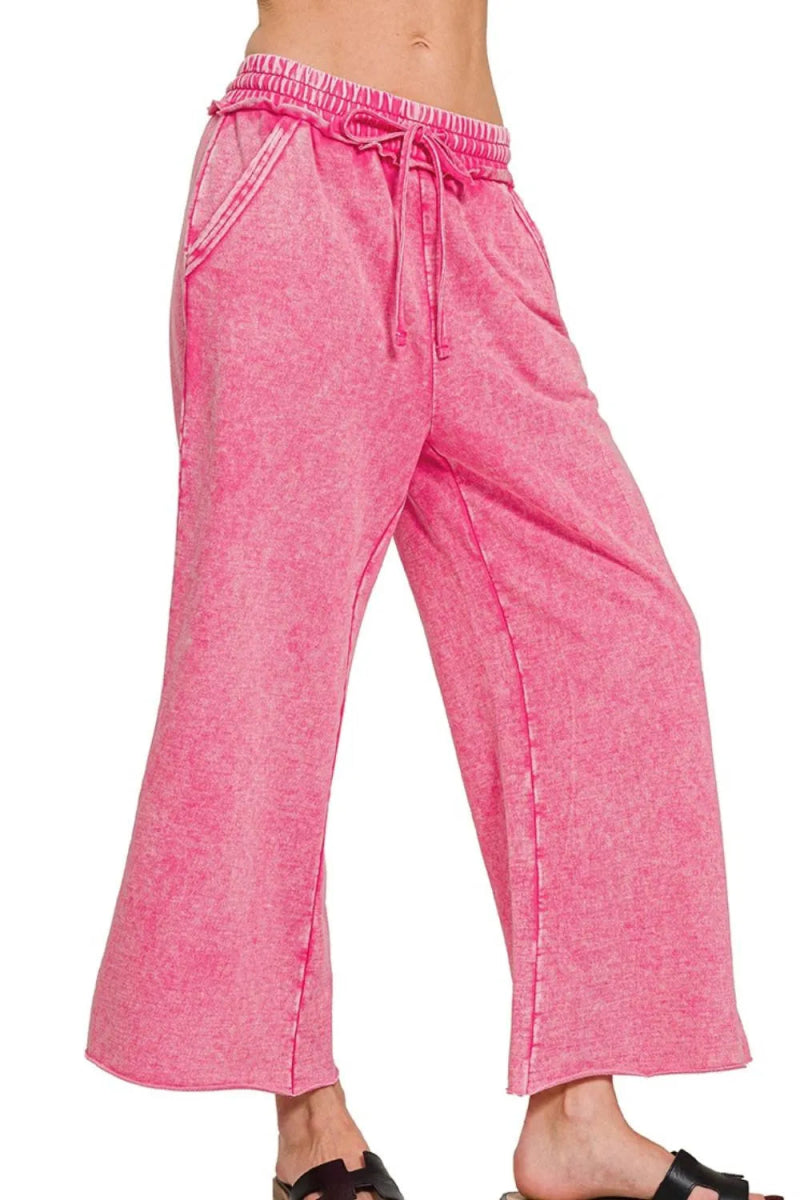 Zenana Washed French Terry Palazzo With Pockets Pants - Love Salve 