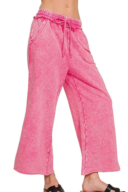 Zenana Washed French Terry Palazzo With Pockets Pants - Love Salve 