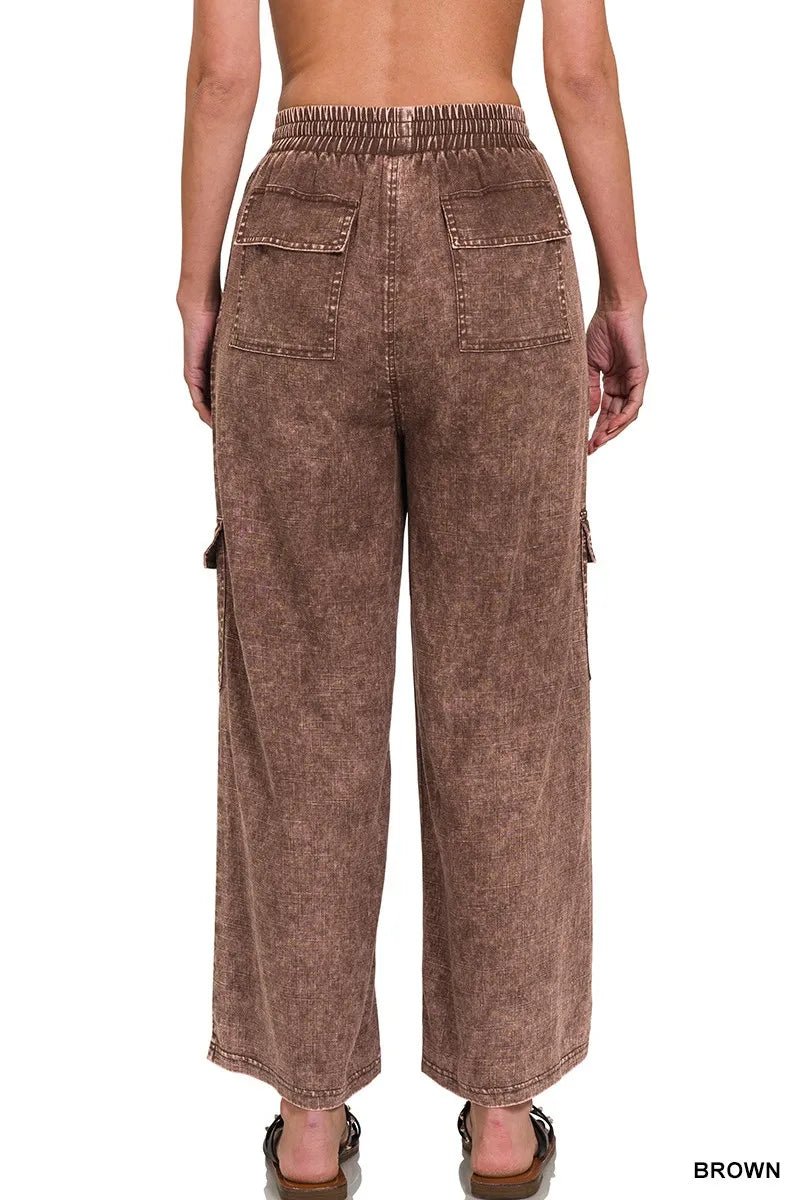 Zenana Washed Linen Elastic Band Waist Cargo Pants for Comfort - Love Salve 