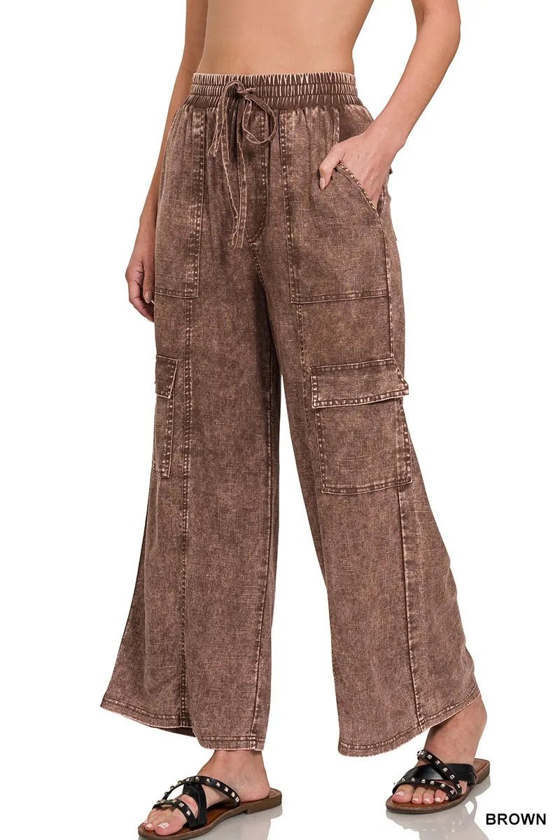 Zenana Washed Linen Elastic Band Waist Cargo Pants for Comfort - Love Salve 