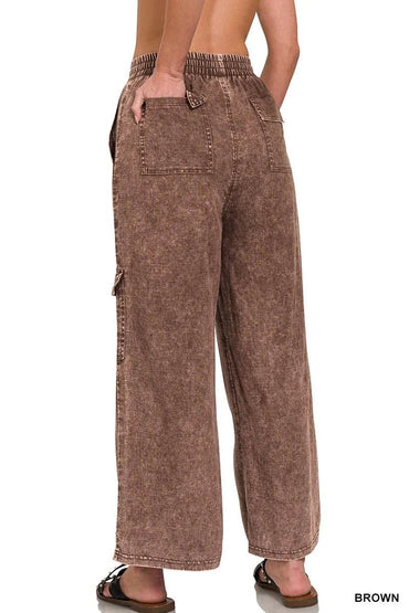Zenana Washed Linen Elastic Band Waist Cargo Pants for Comfort - Love Salve 