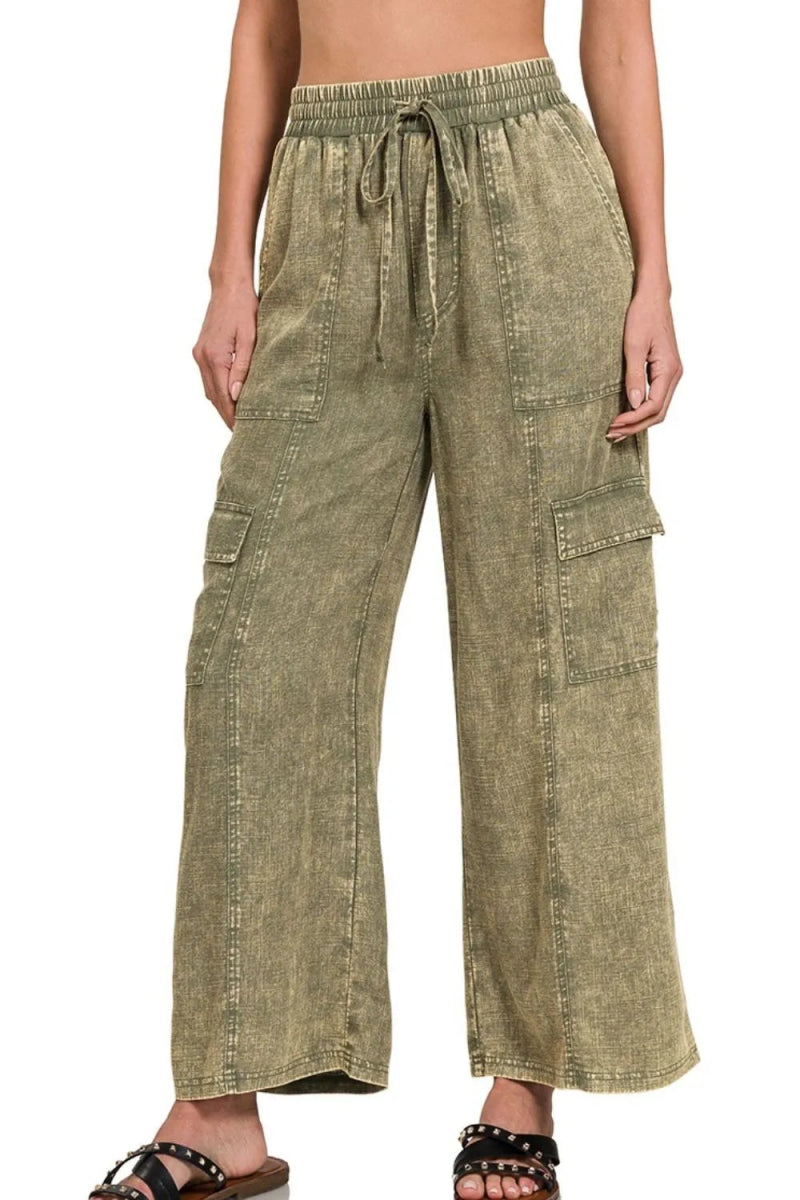 Zenana Washed Linen Elastic Band Waist Cargo Pants for Style - Love Salve 