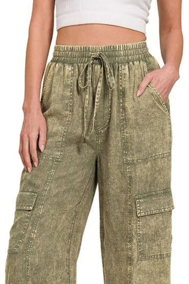 Zenana Washed Linen Elastic Band Waist Cargo Pants for Style - Love Salve 
