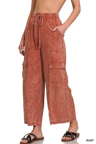 Zenana Washed Linen Elastic Band Waist Cargo Pants for Women - Love Salve 