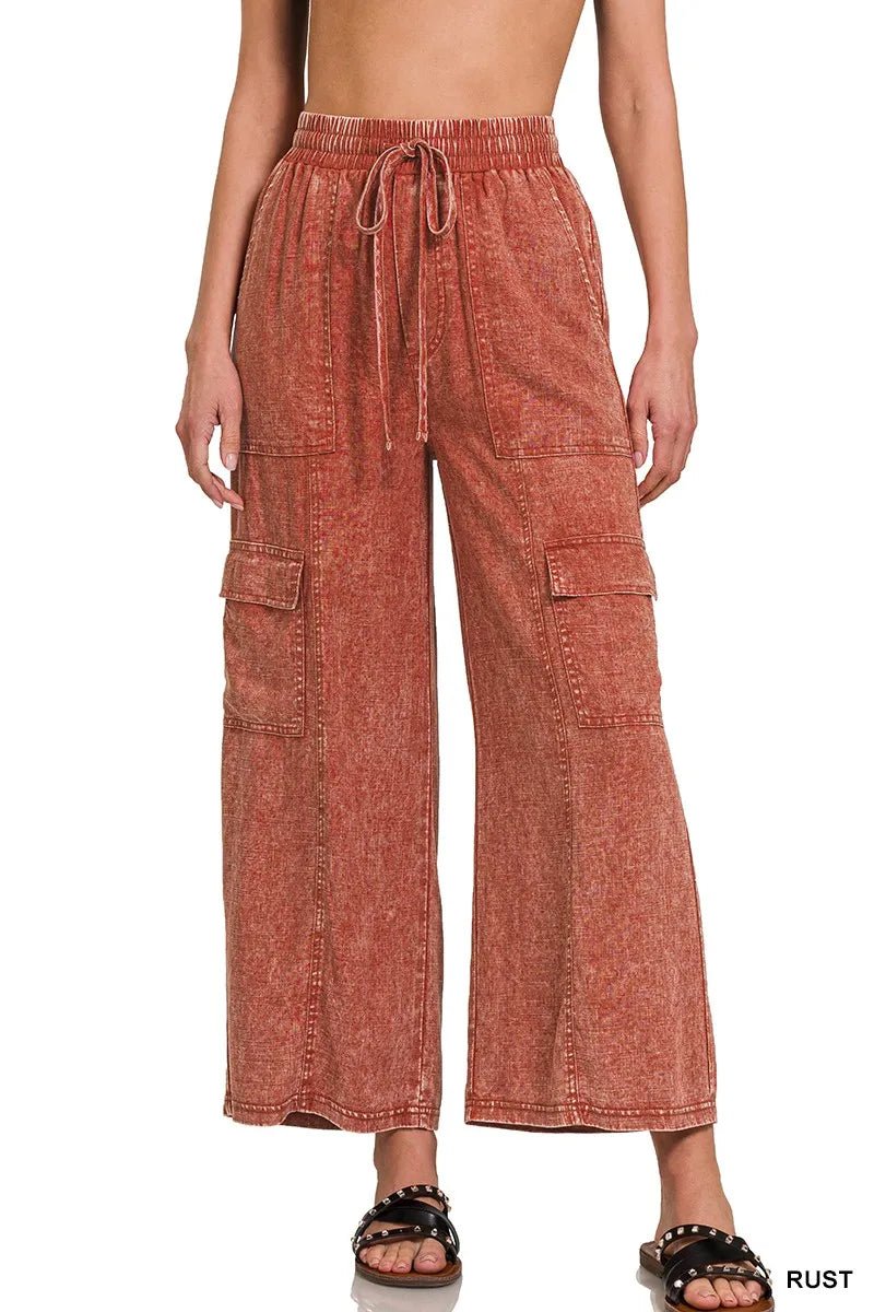 Zenana Washed Linen Elastic Band Waist Cargo Pants for Women - Love Salve 