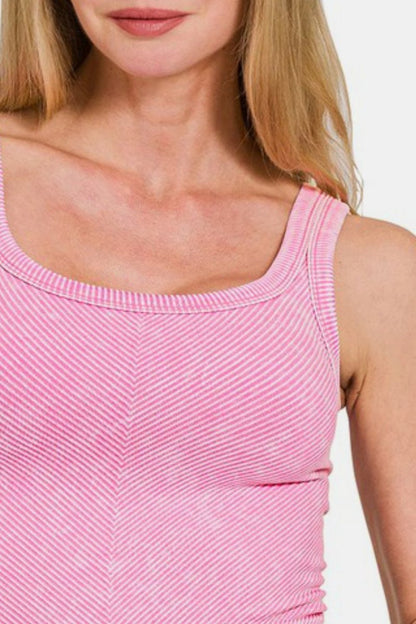 Zenana Washed Ribbed Scoop Neck Wide Strap Tank Top - Love Salve 
