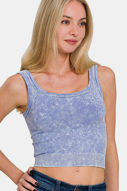 Zenana Washed Ribbed Scoop Neck Wide Strap Tank Top - Love Salve 