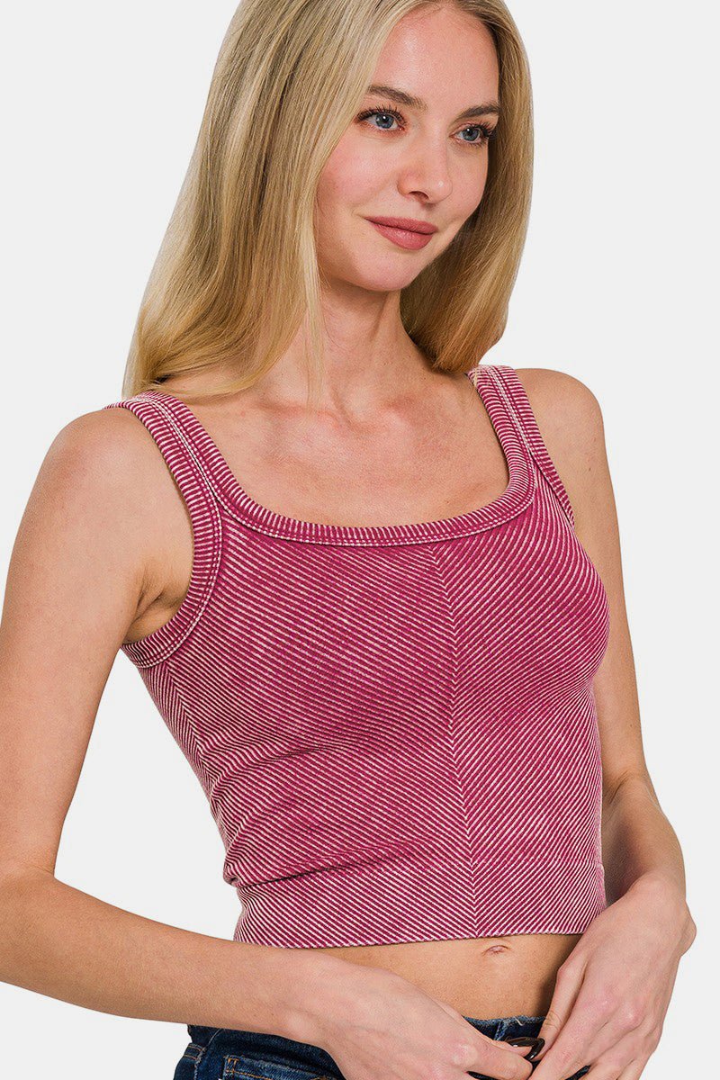 Zenana Washed Ribbed Scoop Neck Wide Strap Tank Top - Love Salve 