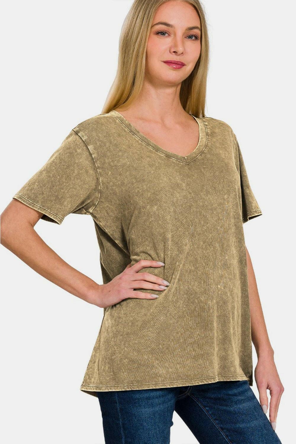 Zenana Washed Short Sleeve V-Neck T-Shirt - Love Salve