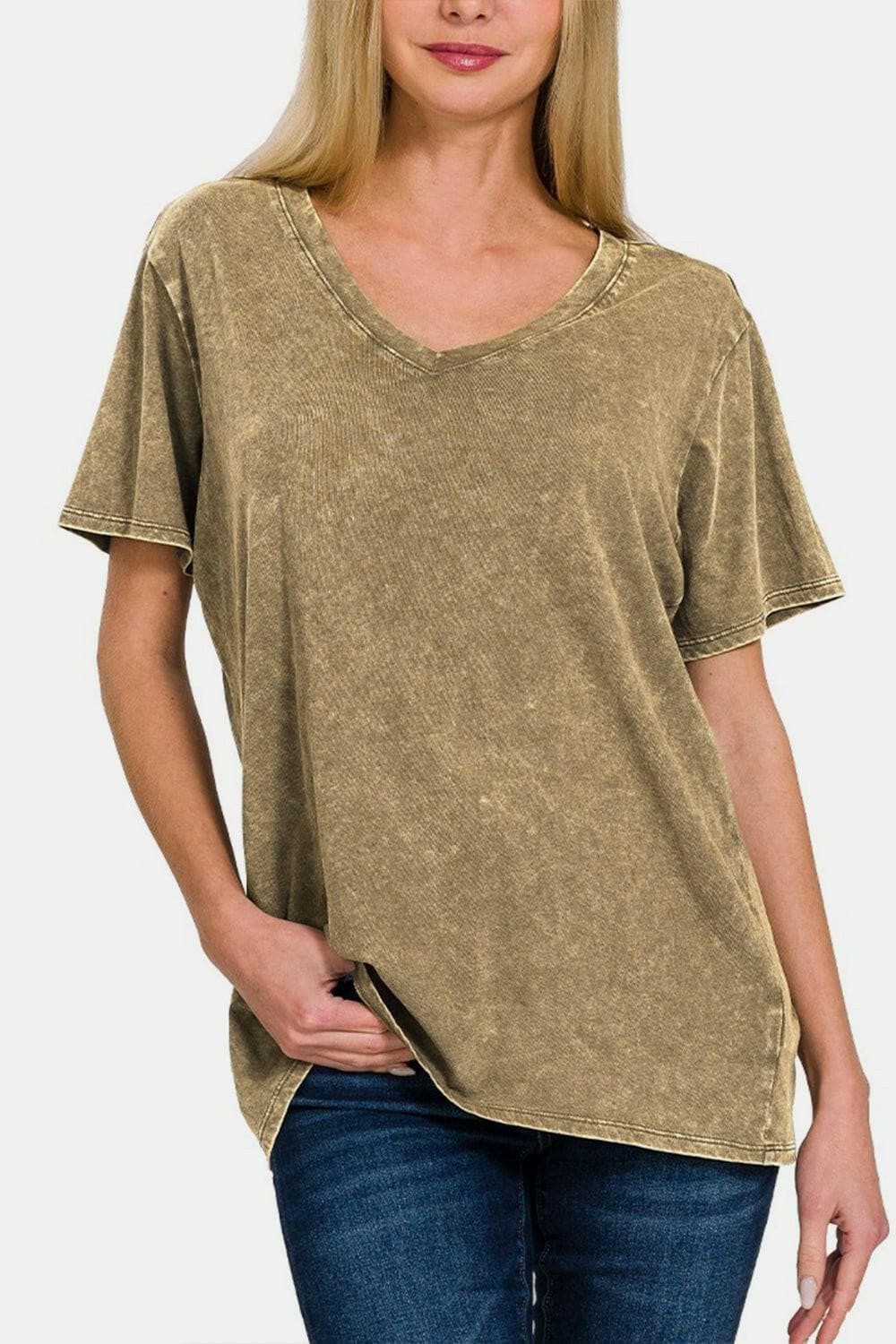 Zenana Vintage Vibe V-Neck Tee in washed finish, showcasing casual sophistication.