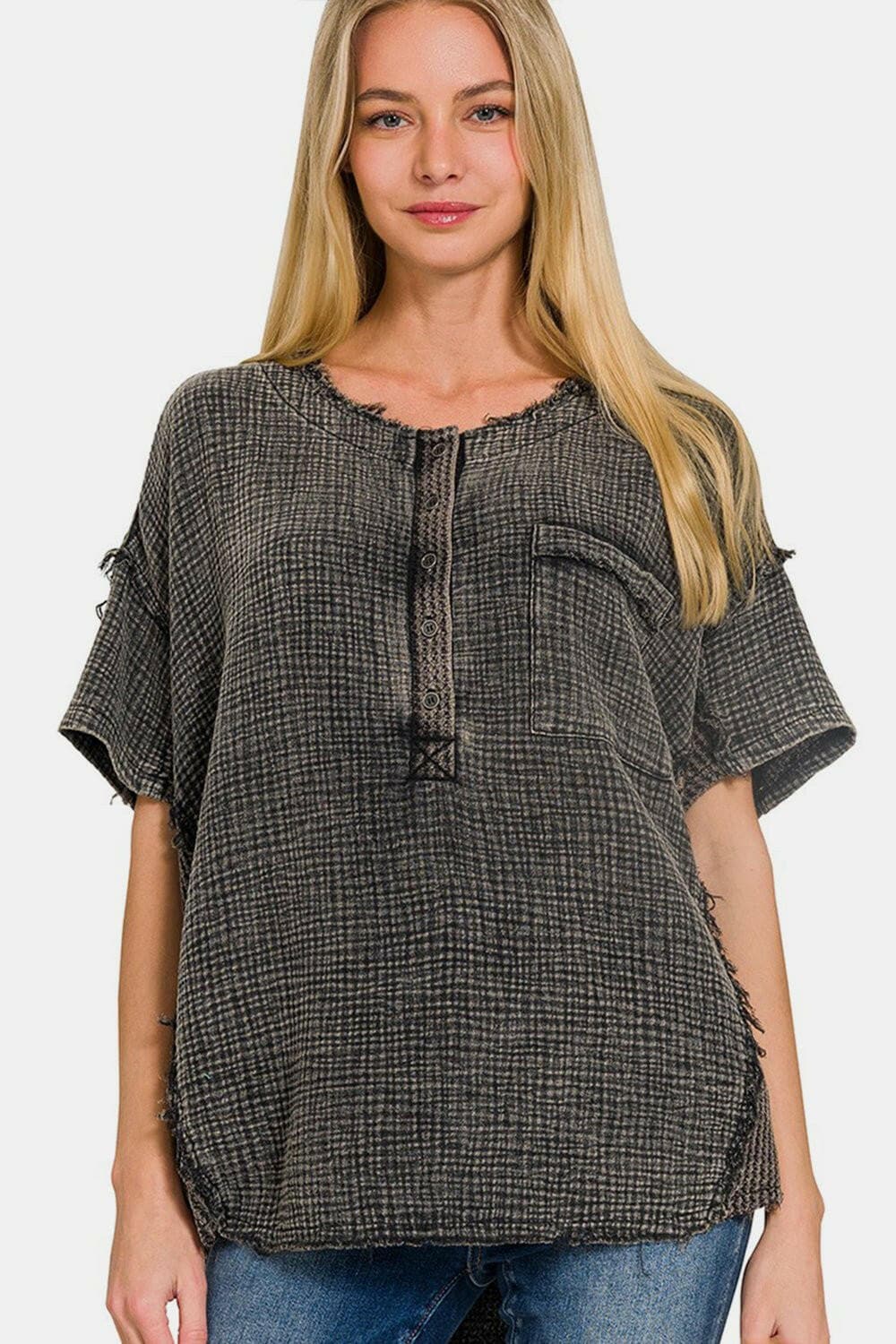 Zenana Washed Texture Half Button T-Shirt - Love Salve