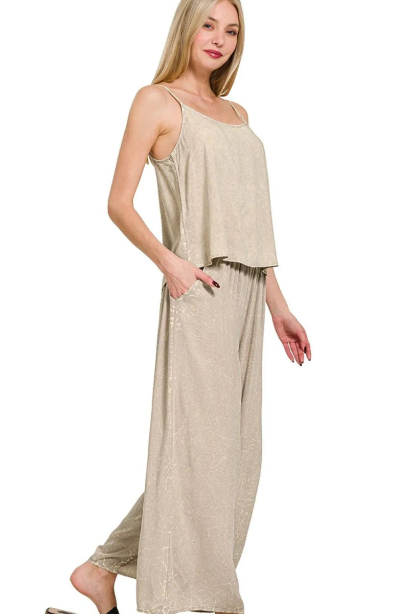 Zenana Woven Acid Crinkle Washed Cami & Pants 2 Piece Set - Love Salve