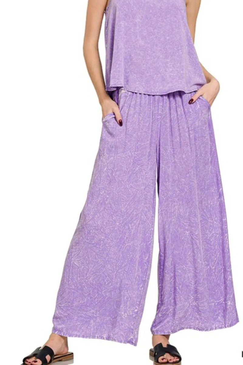 Zenana Woven Acid Crinkle Washed Cami & Pants 2 Piece Set - Love Salve