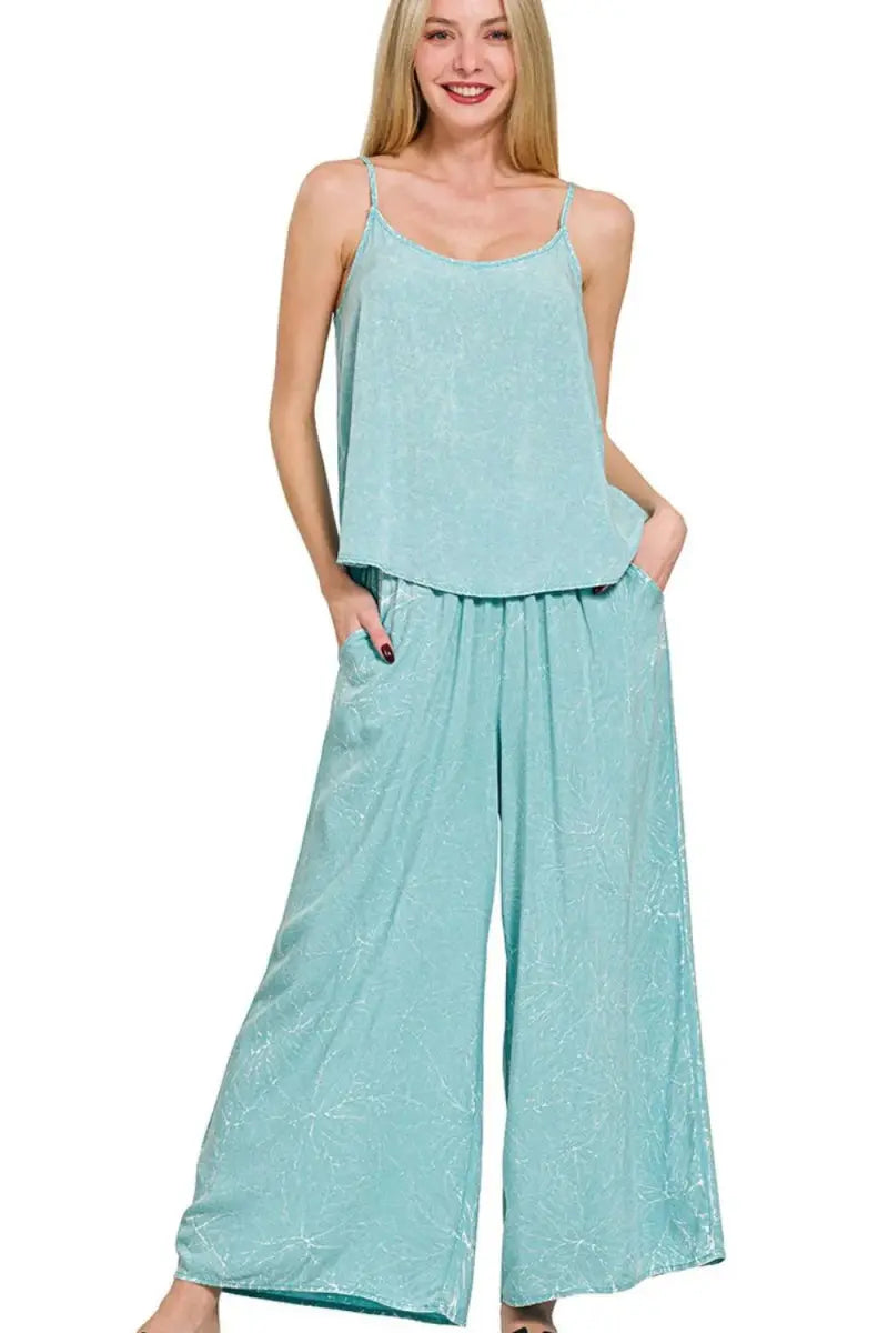 Zenana Woven Acid Crinkle Washed Cami & Pants 2 Piece Set - Love Salve
