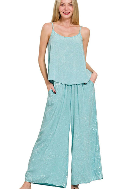 Zenana Woven Acid Crinkle Washed Cami & Pants 2 Piece Set - Love Salve