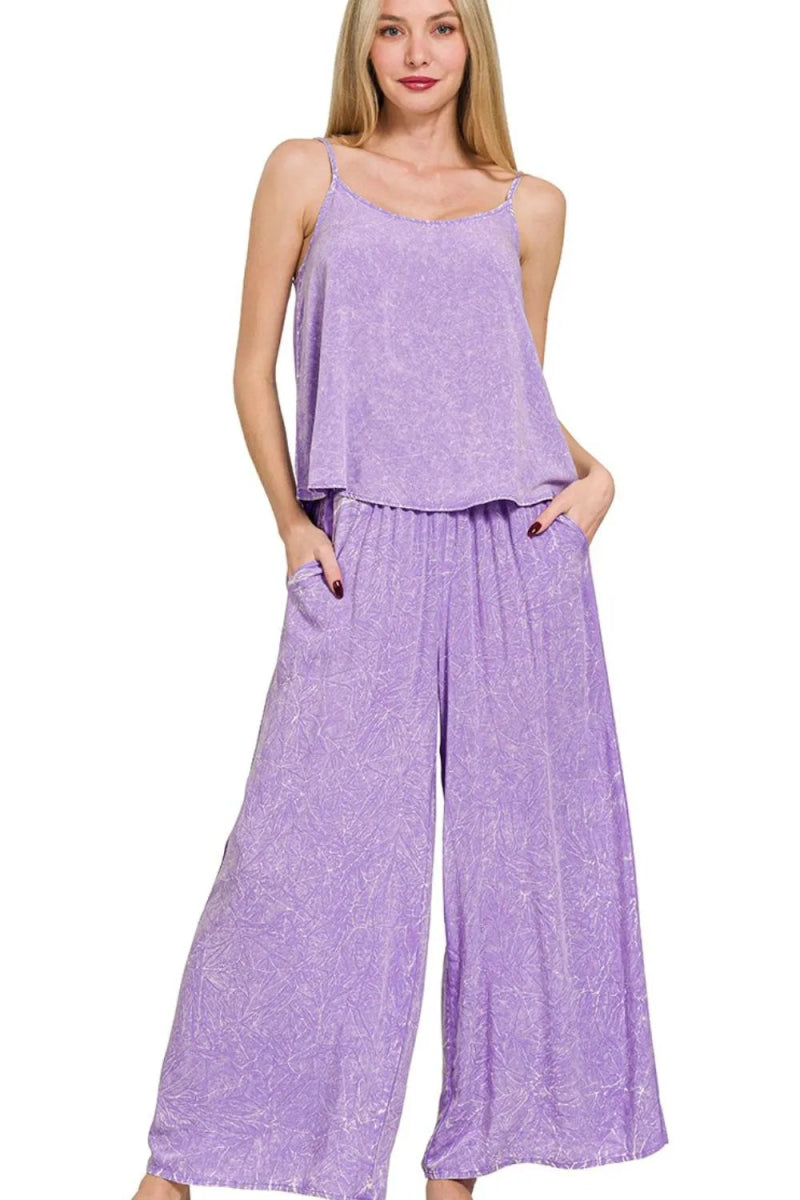 Zenana Woven Acid Crinkle Washed Cami & Pants 2 Piece Set - Love Salve