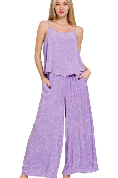 Zenana Woven Acid Crinkle Washed Cami & Pants 2 Piece Set - Love Salve