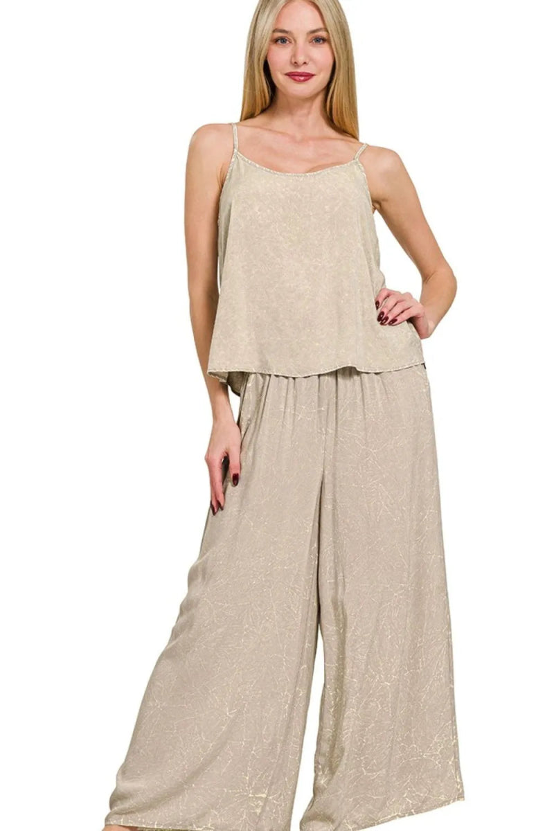 Zenana Woven Acid Crinkle Washed Cami & Pants 2 Piece Set - Love Salve