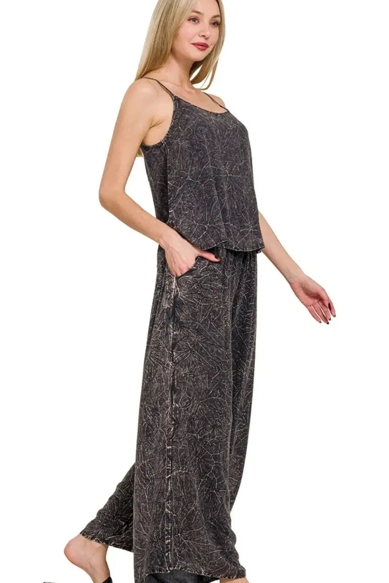 Zenana Woven Acid Crinkle Washed Cami & Pants 2 Piece Set - Love Salve