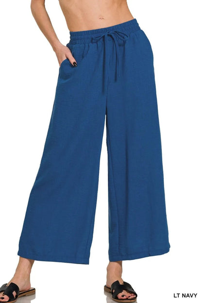 Zenana Woven Crepe Elastic Band Waist Cropped Pants for Women - Love Salve 