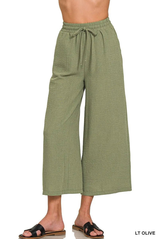 Zenana Woven Crepe Elastic Band Waist Cropped Pants for Women - Love Salve 