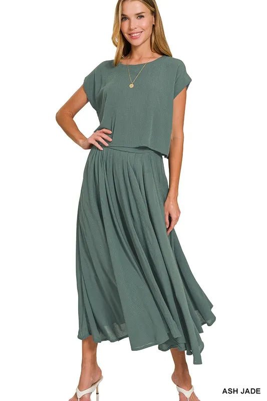 Zenana Woven Crinkle Gauze Crop Tee and Skirt Set - Love Salve