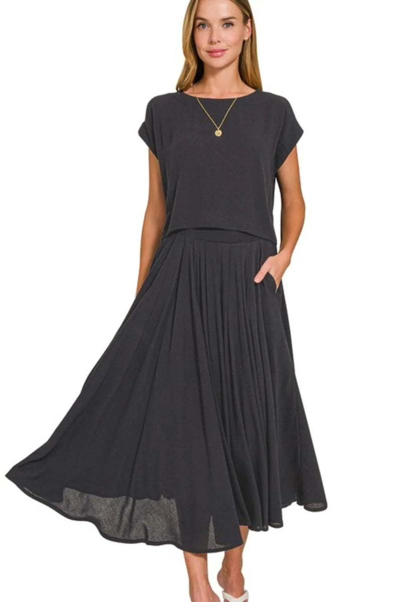 Zenana Woven Crinkle Gauze Crop Tee and Skirt Set - Love Salve