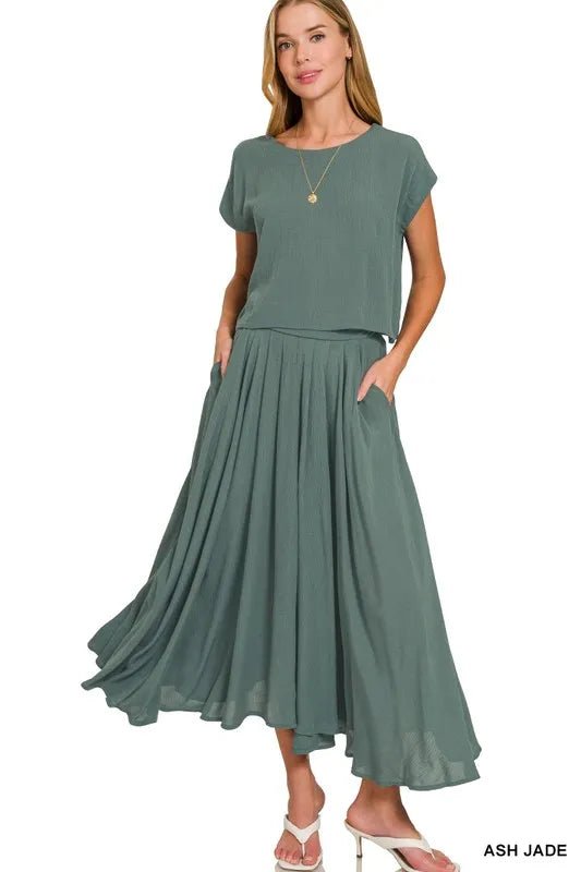 Zenana Woven Crinkle Gauze Crop Tee and Skirt Set - Love Salve
