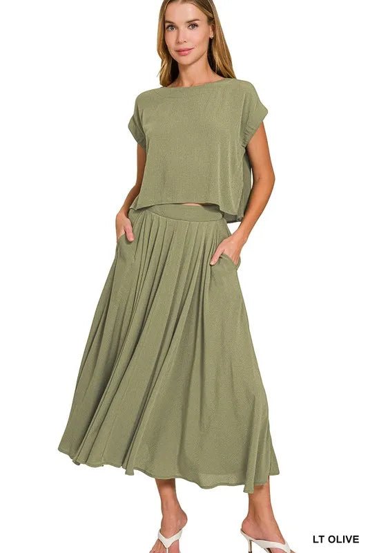 Zenana Woven Crinkle Gauze Crop Tee and Skirt Set - Love Salve