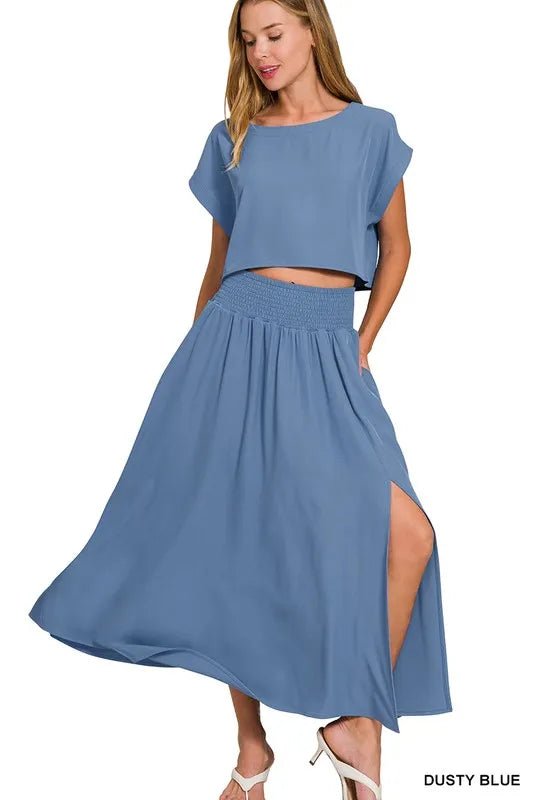Zenana Woven Crinkle Gauze Crop Tee and Skirt Set - Love Salve