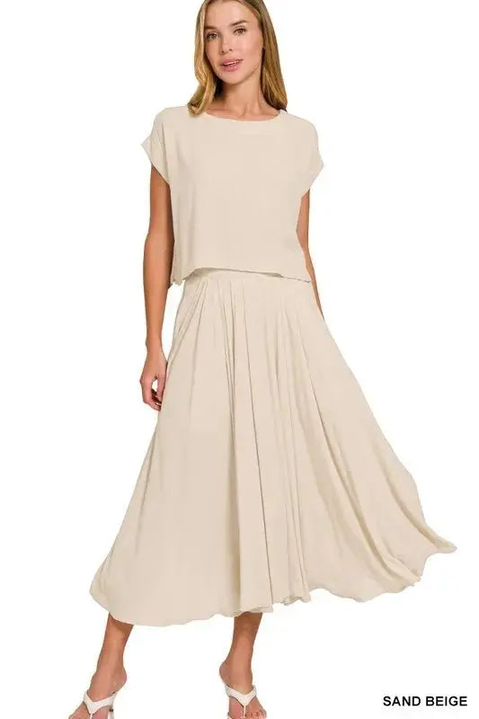 Zenana Woven Crinkle Gauze Crop Tee and Skirt Set - Love Salve