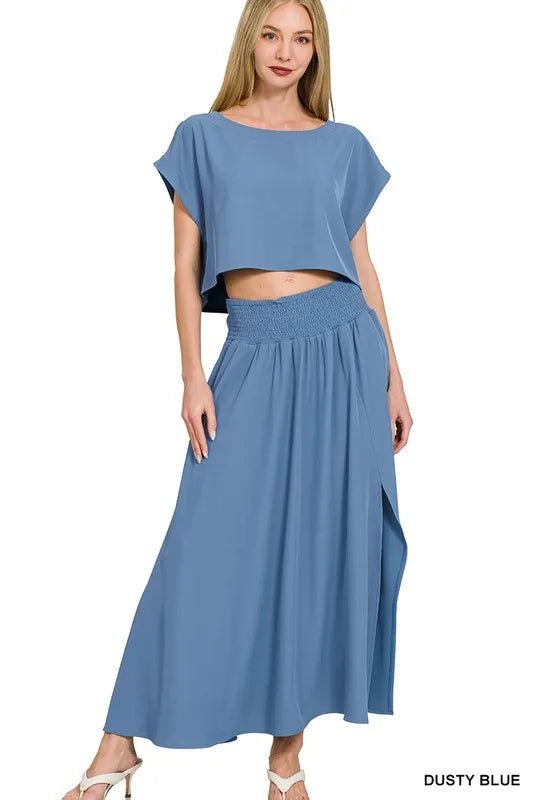 Zenana Woven Crinkle Gauze Crop Tee and Skirt Set - Love Salve