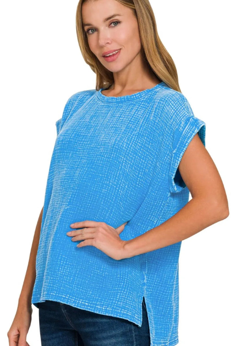 Zenana Woven Double Gauze Acid Washed Short Sleeve Top - Love Salve