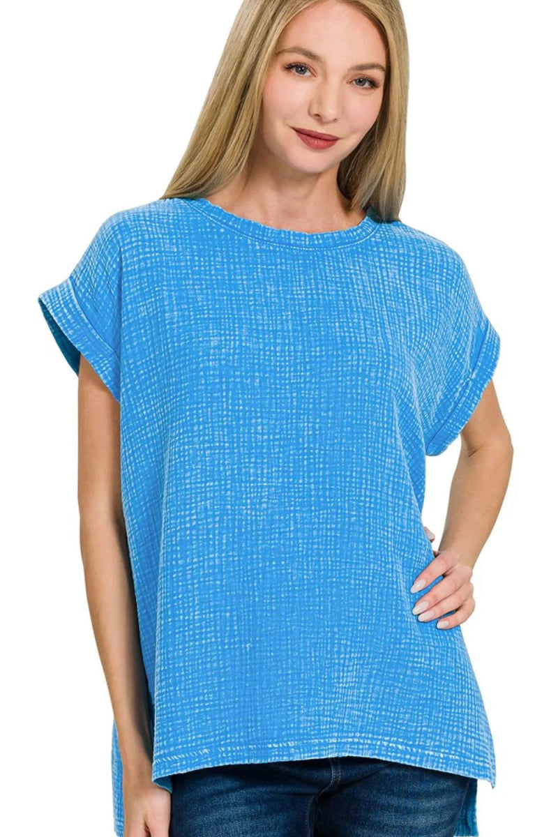 Zenana Woven Double Gauze Acid Washed Short Sleeve Top - Love Salve