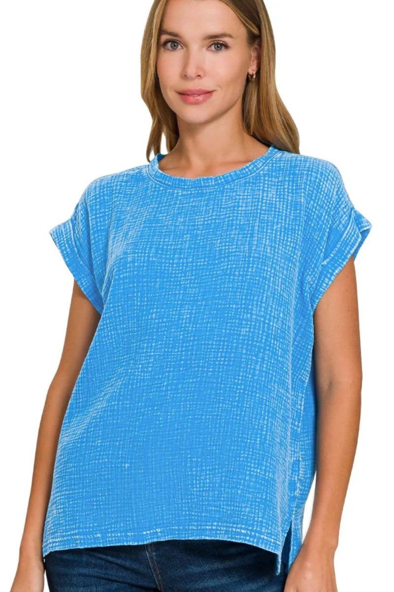 Zenana Woven Double Gauze Acid Washed Short Sleeve Top - Love Salve