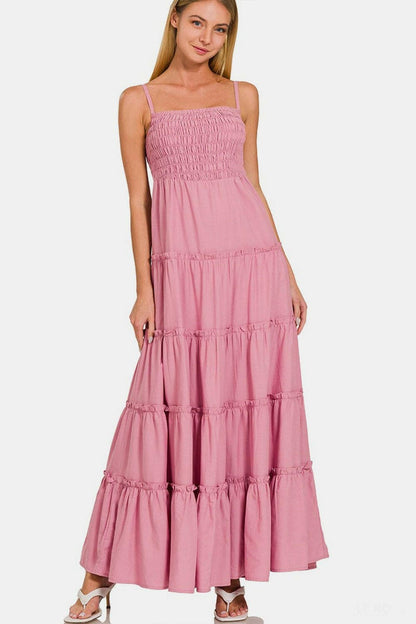 Zenana Woven Smocked Tiered Cami Maxi Dress - Love Salve