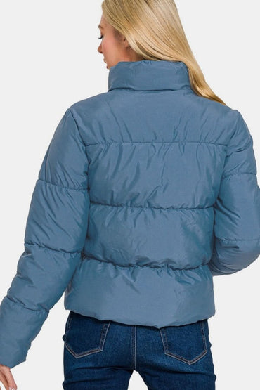 Zenana Zip Up Turtleneck Puffer Jacket with Pockets - Love Salve