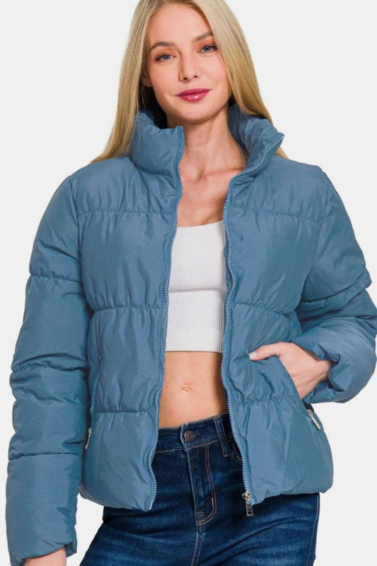 Zenana Zip Up Turtleneck Puffer Jacket with Pockets - Love Salve