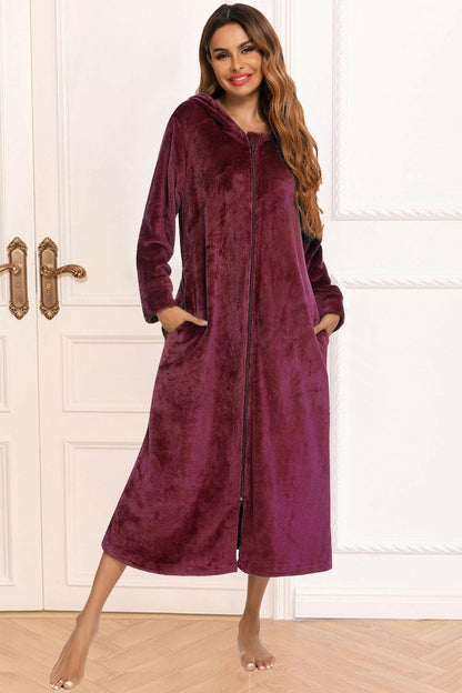 Zip Front Hooded Night Dress with Pockets - Love Salve